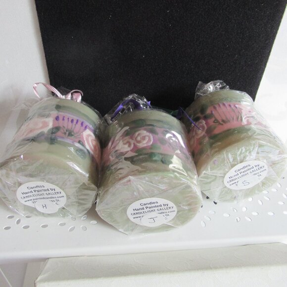 Stylized flowers, 3" Pillar Candle, Hand Painted, Nature, Codes H, J, S - Picture 2 of 5